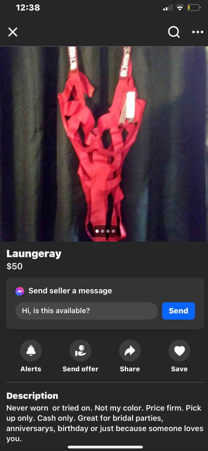 screenshot - Laungeray $50 Send seller a message Hi, is this available? Send Alerts Send offer Save Description Never worn or tried on. Not my color. Price firm. Pick up only. Cash only. Great for bridal parties, anniversarys, birthday or just because som